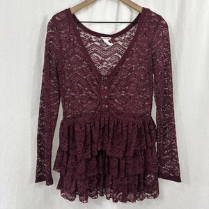 Bethany Mota Red Tiered Ruffle Lace Cardigan Top Womens Size L Dark Romantic